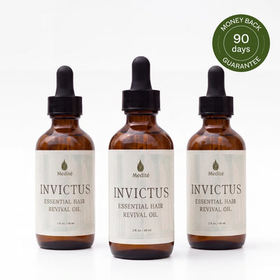 Three bottles of Medite Invictus rosemary hair oil for thinning hair