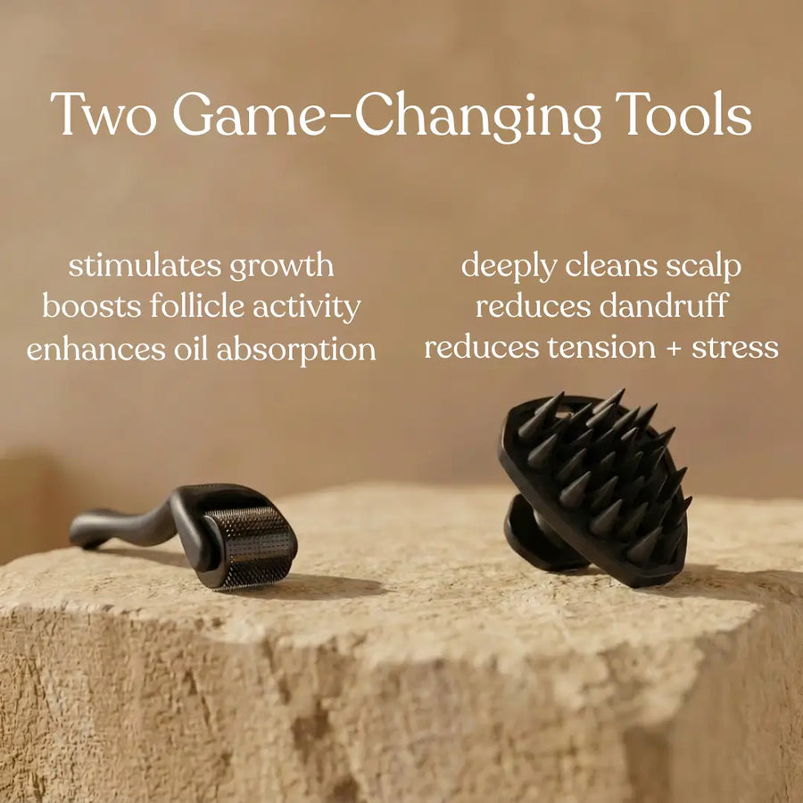 Hair growth tools comparison featuring a dermaroller and scalp massager with benefits including improved follicle stimulation, enhanced hair growth product absorption, scalp exfoliation, dandruff reduction, and healthier scalp circulation.