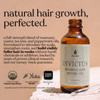 Medité Invictus hair growth oil clinically formulated to produce thicker hair in 90 days using rosemary, castor, tea tree and peppermint, natural hair regrowth treatment with no harsh chemicals