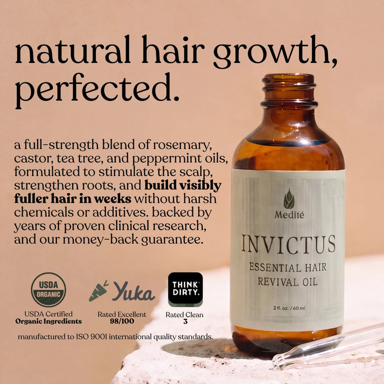 Medité Invictus hair growth oil clinically formulated to produce thicker hair in 90 days using rosemary, castor, tea tree and peppermint, natural hair regrowth treatment with no harsh chemicals