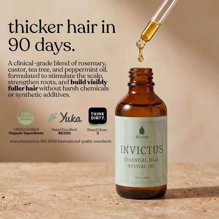 Medité Invictus hair growth oil clinically formulated to produce thicker hair in 90 days using rosemary, castor, tea tree and peppermint, natural hair regrowth treatment with no harsh chemicals