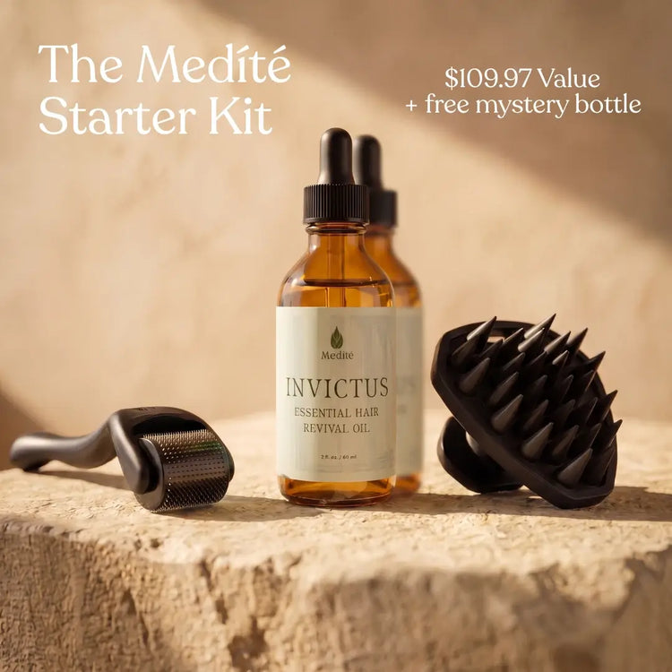 Medité Invictus hair growth starter kit for men, dermaroller scalp stimulation, silicone scalp massager, and clinical grade rosemary peppermint hair loss treatment oil for thinning hair regrowth