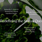 Promotional graphic with a dark glossy green abstract background and white text reading 'Redefining the Status Quo' plus several feature callouts about research backing, transparency, and manufacturing standards.