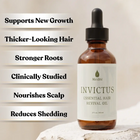 Medité Invictus Essential Hair Revival Oil benefits including reduces shedding, no synthetics, strengthens roots, reduces thinning, science backed formula, nourishes scalp