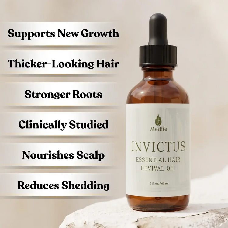 Medité Invictus Essential Hair Revival Oil benefits including reduces shedding, no synthetics, strengthens roots, reduces thinning, science backed formula, nourishes scalp