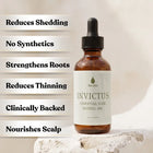 Medité Invictus Essential Hair Revival Oil benefits including reduces shedding, no synthetics, strengthens roots, reduces thinning, science backed formula, nourishes scalp