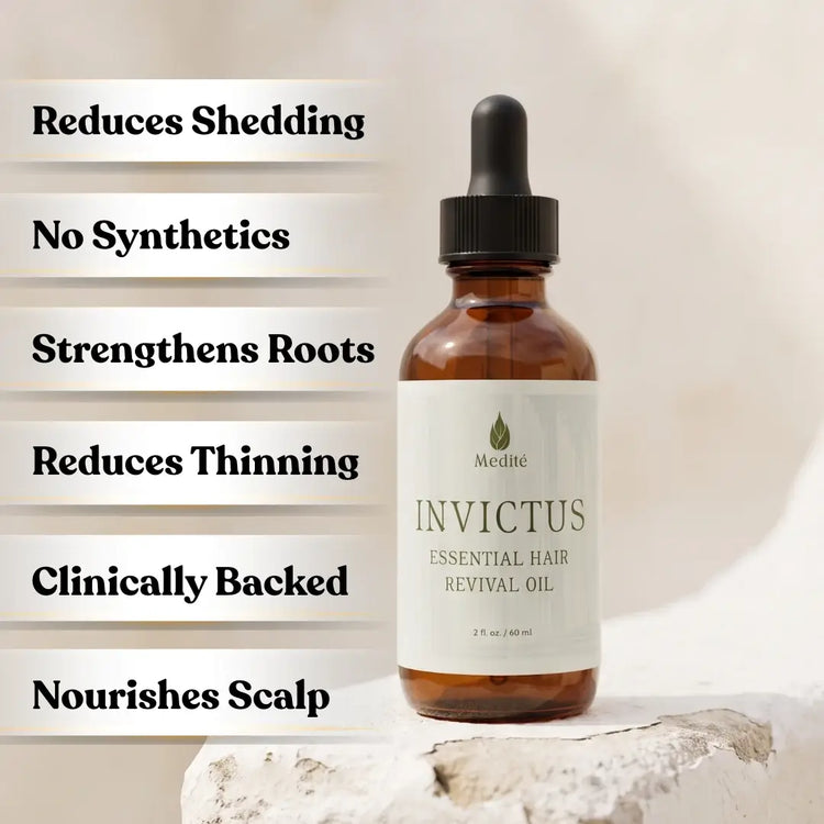 Medité Invictus Essential Hair Revival Oil benefits including reduces shedding, no synthetics, strengthens roots, reduces thinning, science backed formula, nourishes scalp