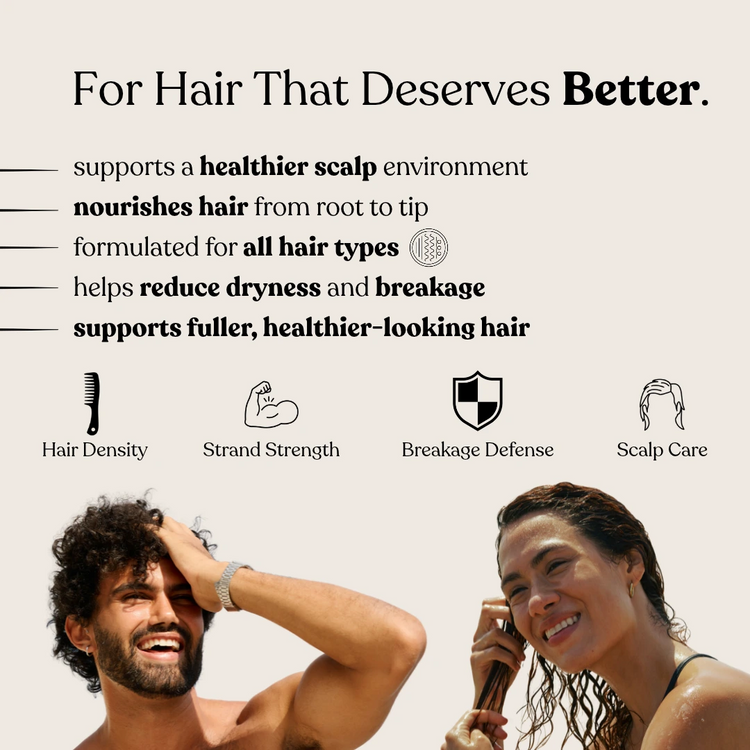 Medite Oils Invictus image with text about scalp health and hair nourishment, plus icons for precision dropper, fast-absorbing formula, non-greasy finish, and cold pressed oils. Two people are shown at the bottom against a beige background.