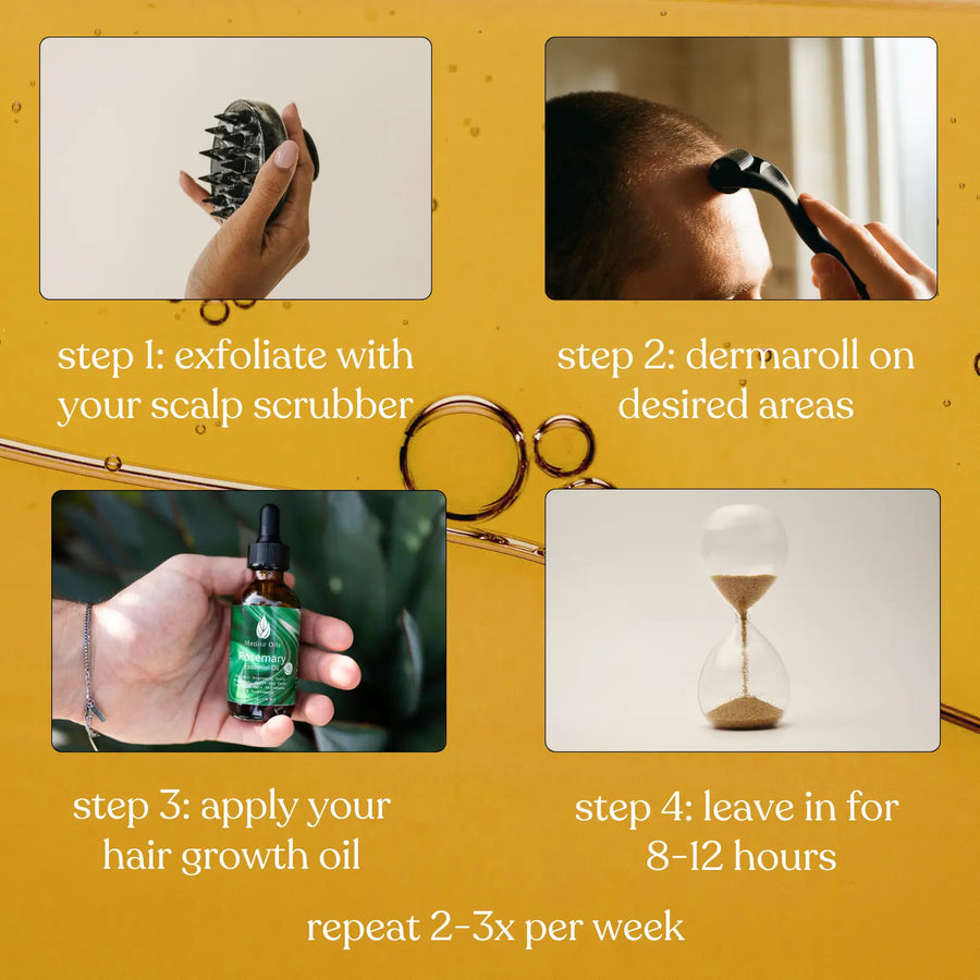 Step by step hair growth guide for medite hair growth oils including a scalp massager, dermaroller, and three hair growth bottles