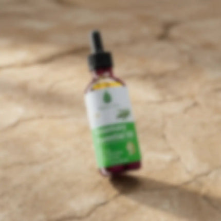Blurred mystery bottle of Medité hair growth oil, a surprise full-size plant-based formula from the Medité collection