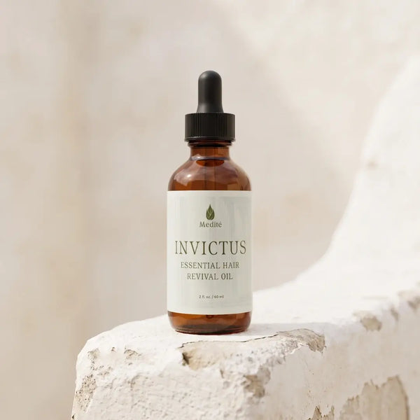 Rosemary hair growth oil for thinning hair, Medíté Invictus 60ml amber bottle with peppermint, castor and tea tree