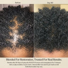 Before and Day 90 hair growth comparison showing dark curly hair on a scalp with visible thinning hair in the left panel and fuller hair in the right panel. Text at the bottom references Invictus serum and scalp massage results.