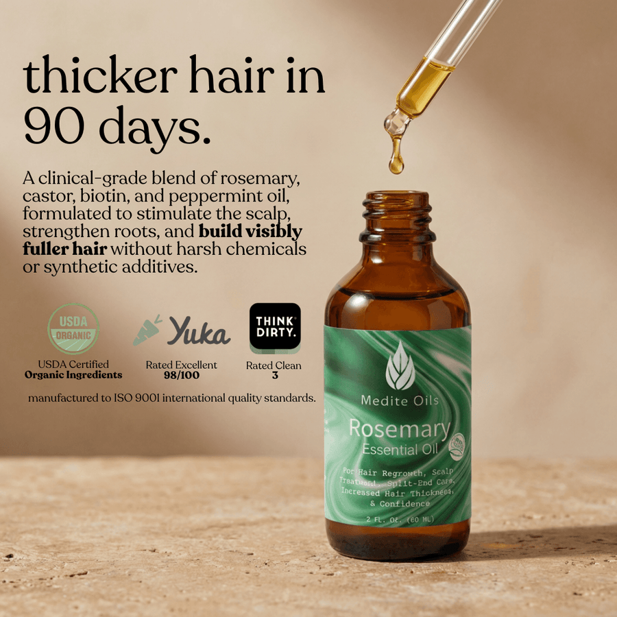 Clinical-grade rosemary hair oil proven to rival minoxidil for thicker hair in 90 days, Yuka rated 98/100, USDA organic
