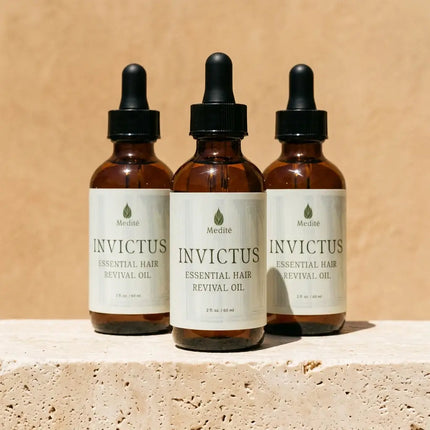 Rosemary oil for hair growth 3-pack, a three month supply of Medíté Invictus in amber glass bottles