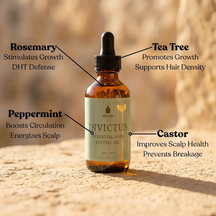 Medité Invictus hair regrowth oil with rosemary oil, peppermint oil scalp circulation booster, castor oil hair loss treatment, tea tree oil scalp health, natural hair thinning remedy
